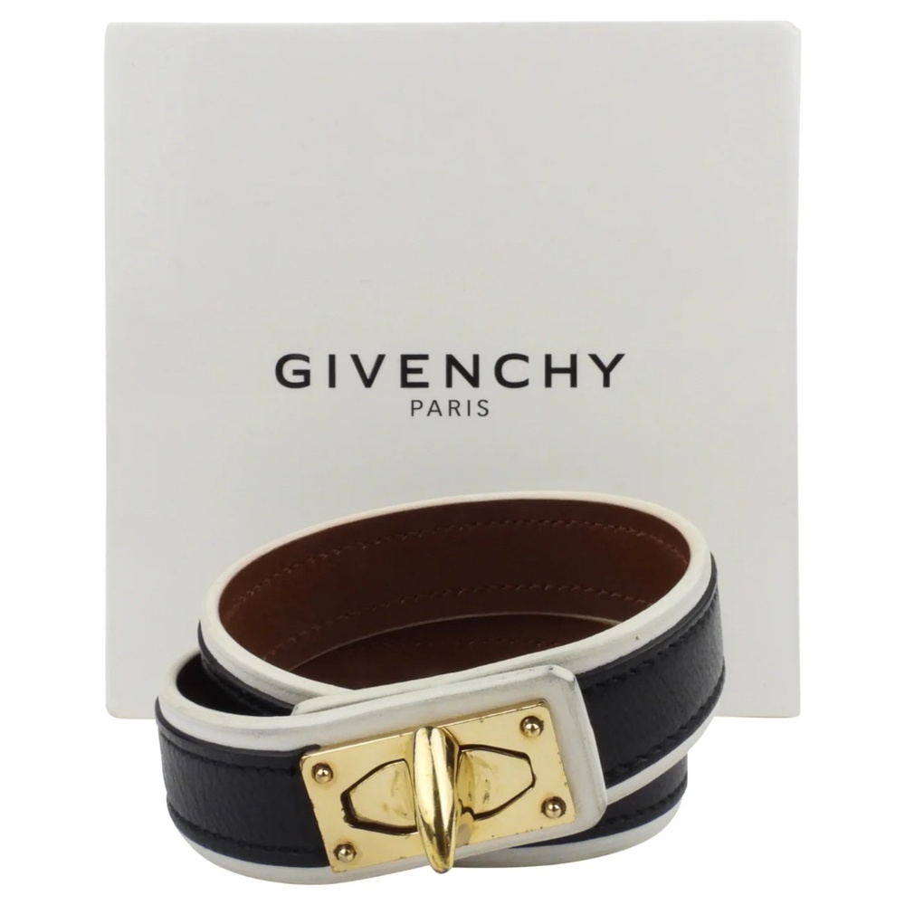 Givenchy - Shark Tooth Black/White Leather Gold Twist Lock Double Wrap Bracelet